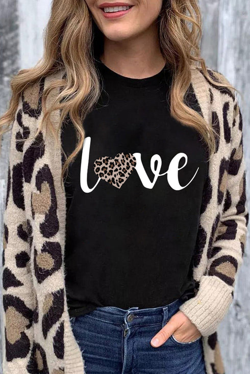 Black Love Leopard Heart Shape Print Short Sleeve T Shirt